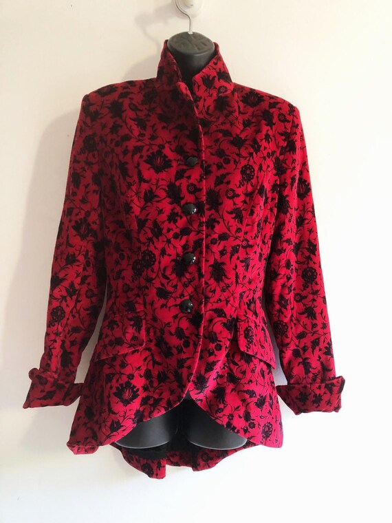 Helen Storey rich red velvet patterned tail-jacket
