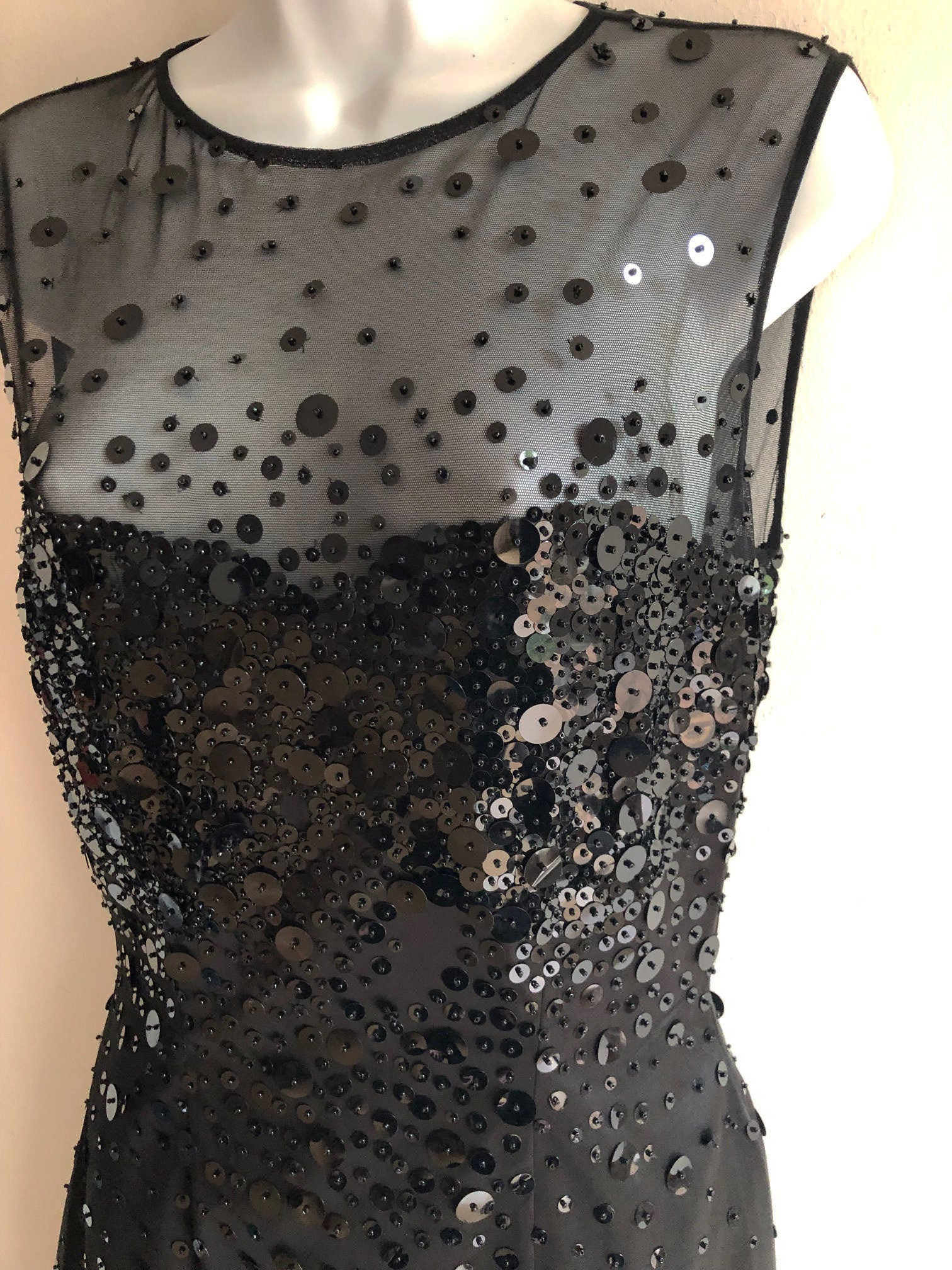 Sophie Sitbon French designer long black evening dress with black sequin embellishments