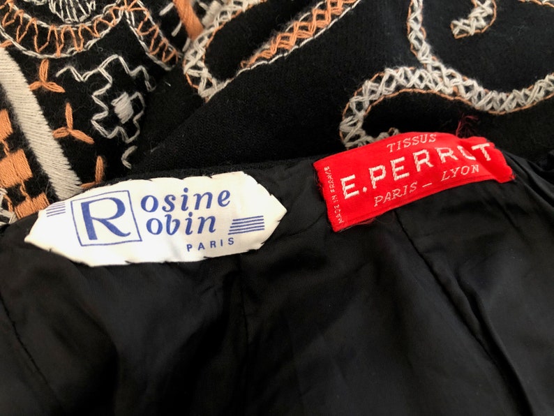 Vintage French couture black wool skirt with stunning embroidered pattern