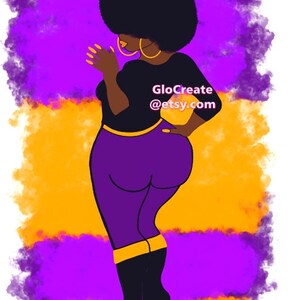 May include: Illustration of a person with an afro, wearing a black top, purple pants, and black boots. The background features purple and orange brushstrokes. The text "GloCreate @etsy.com" is visible on the image.