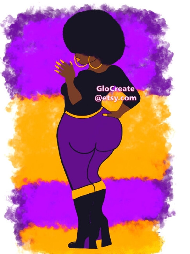 May include: Illustration of a person with an afro, wearing a black top, purple pants, and black boots. The background features purple and orange brushstrokes. The text "GloCreate @etsy.com" is visible on the image.