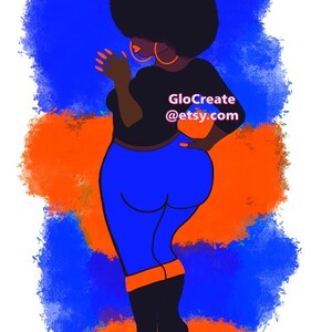 May include: Illustration of a person with an afro, wearing a black top, blue pants, and black boots with orange accents. The background features blue and orange brushstrokes. The text "GloCreate @etsy.com" is visible on the top.