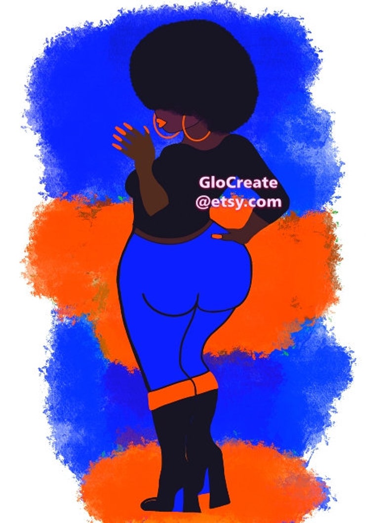 May include: Illustration of a person with an afro, wearing a black top, blue pants, and black boots with orange accents. The background features blue and orange brushstrokes. The text "GloCreate @etsy.com" is visible on the top.
