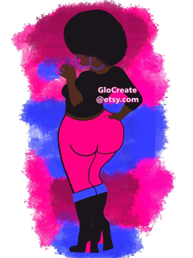 May include: Digital illustration of a woman with an afro, wearing a black top, pink pants, and black boots. The background features pink and blue brushstrokes. The text "GloCreate @etsy.com" is visible.