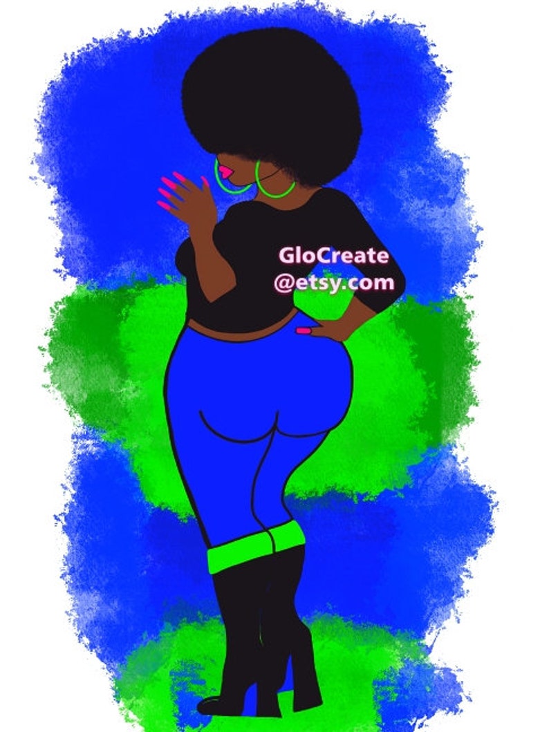 May include: Illustration of a woman with an afro, wearing a black top, blue pants, and black boots. The woman has pink lipstick, green earrings, and pink fingernails. The background is blue and green with the text "GloCreate @etsy.com".