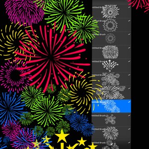 May include: A digital illustration of colorful fireworks against a black background. The fireworks are depicted in various colors, including red, yellow, green, blue, and pink. Some fireworks have starburst patterns, and others have a more linear design. The image also shows a digital art program interface.