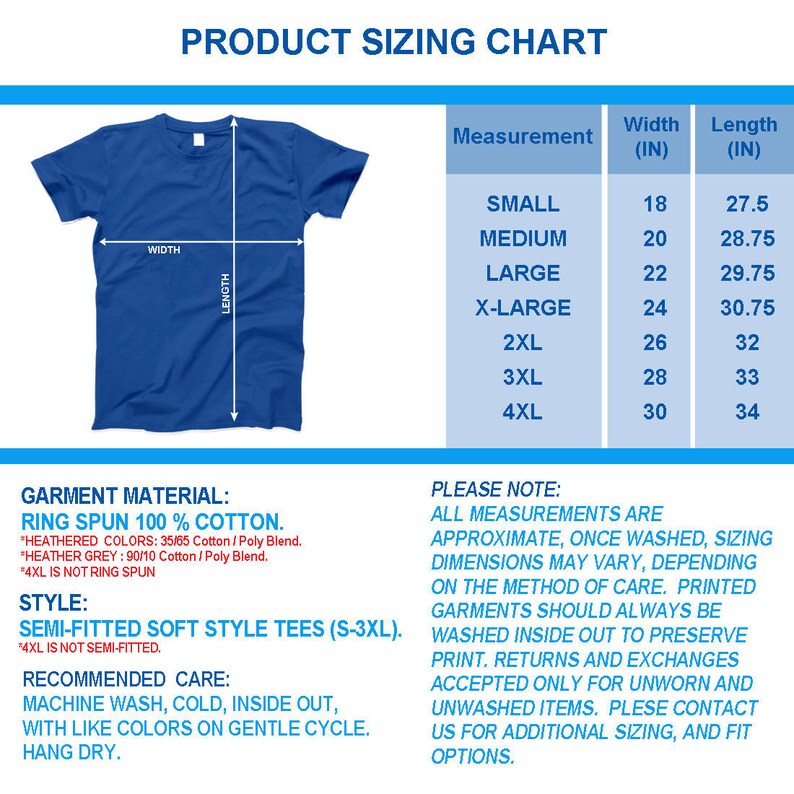 May include: A product sizing chart for t-shirts, showing measurements in inches for width and length. The chart includes sizes from small to 4XL. The chart also includes information about the garment material, style, and recommended care.