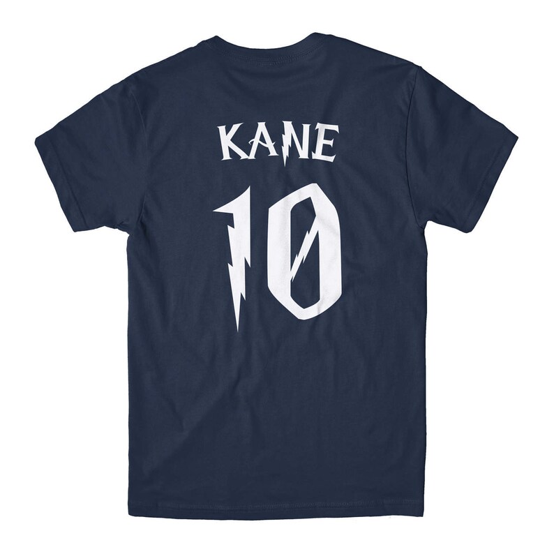 May include: Navy blue t-shirt with white text that reads "KANE 10" in a stylised font.