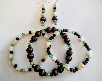 Stackable Stretch Bracelets with Matching Dangle Earrings. Earthy Beaded Jewelry. Brown Green and Tan Jewelry Set.
