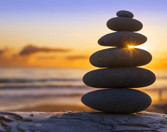 Zen stones, cairns stack, beach sunset, Washington coast, natural river stacked stones, serenity photo, balancing stones, beach driftwood