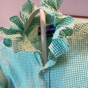 ReLoved Upcycled Ruffle Collar Button Down Shirt, Preppy Women’s Blouse, Unique Statement Shirt • Many Sizes