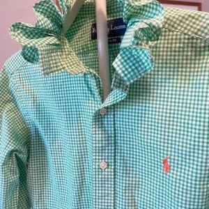 ReLoved Upcycled Ruffle Collar Button Down Shirt, Preppy Women’s Blouse, Unique Statement Shirt • Ralph Lauren and more