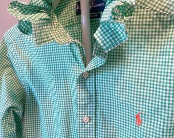 ReLoved Upcycled Ruffle Collar Button Down Shirt, Preppy Women’s Blouse, Unique Statement Shirt • Ralph Lauren and more