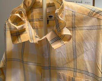 ReLoved Upcycled Ruffle Collar Button Down Shirt, Preppy Women’s Blouse, Unique Statement Shirt • Yellow  XL/XXL