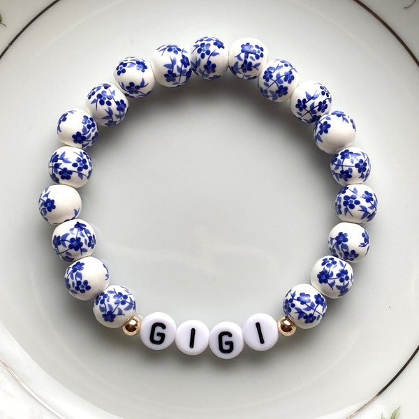 Porcelain BlueFloral Personalized Bracelet Mother's Day Heirloom Vibes