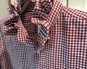 ReLoved Upcycled Ruffle Collar Button Down, Maroon and White L