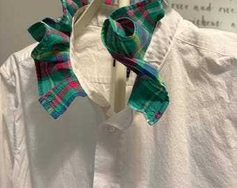 ReLoved Upcycled Ruffle Collar Button Down, White with Multi-Color Collar, Size XL