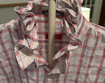 ReLoved Upcycled Ruffle Collar Button Down Shirt, Unique Statement Shirt • Red/White/Blue Plaid•Short Sleeve, Size M