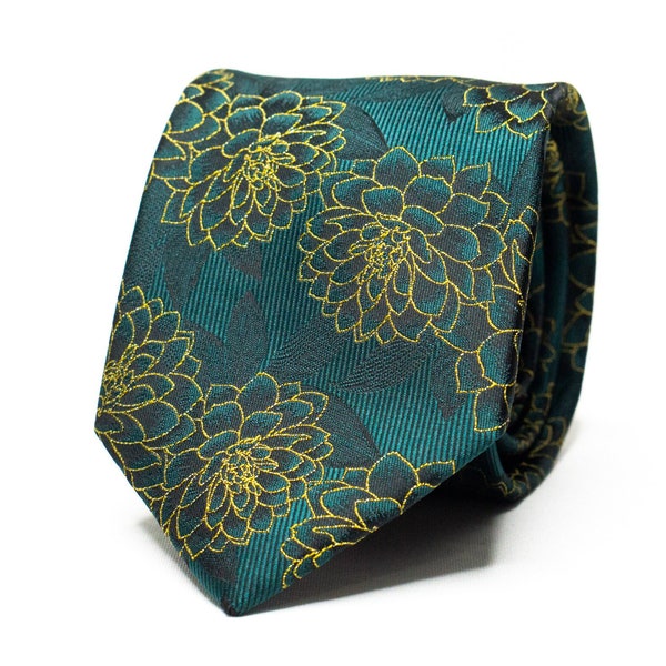 Emerald Green Floral Tie Gold Flower Tie Men Wedding Groom Suit Tie Forest Green Wedding Tie Groomsmen Matching Necktie Gift For Him