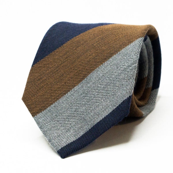 Navy Blue Brown Herringbone Tie Gray Stripe Necktie For Men Suit Wedding Groom Groomsmen
