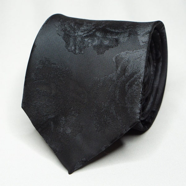 Black On Black Floral Tie | Charcoal Flower Pattern Necktie | Black Wedding Tie | Black Rose Tie | Black Tie Roses