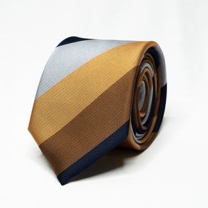 Navy Blue Beige Stripe Tie for Men Silver Brown Slim Necktie for Groom and Groomsmen Wedding Attire Formal Tie for Office Work