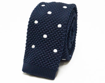 Navy Blue Knit Tie White Polka Dot Necktie For Men Groom Groomsmen Wedding Suit Casual Tie