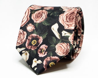Black Floral Tie Black Tie Mens Black Necktie Floral Mens Tie Pink Tie Floral Pattern Tie Dasiy Tie With Flowers Wedding Tie Mens Suit Tie