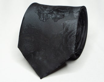 Black On Black Floral Tie | Charcoal Flower Pattern Necktie | Black Wedding Tie | Black Rose Tie | Black Tie Roses