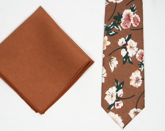 Rust Tie Set Rust Floral Tie Terracotta Tie Set Wedding Tie Set Rust Wedding Set Burnt Orange Tie Groomsmen Pocket Square Set Gift Tie Set