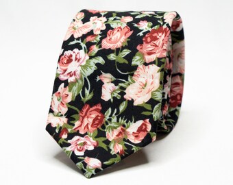 Black Floral Tie Red Floral Tie Red Rose Tie Black Rose Tie Black Flower Tie Mens Black Tie Black Suit Tie Black Wedding Tie Groom Necktie