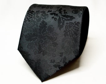 Black on Black Floral Tie | Charcoal Flower Pattern Necktie | Slim Tie for Wedding Suit | Groomsmen Tie