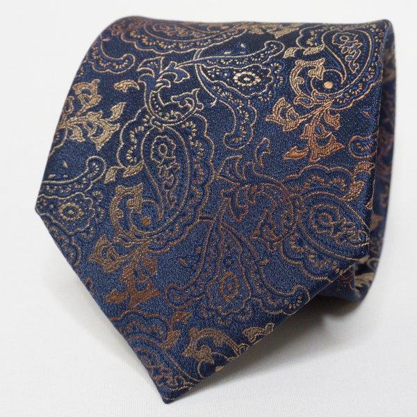 Navy Blue Tie Gold Paisley Necktie Men's Slim Necktie Suit Accessories Men's Office Tie for Wedding Classic Tie for Groom and Groomsmen