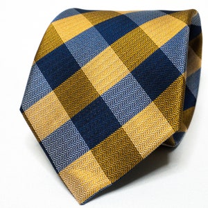 Navy Blue Tie Brown Stripes Necktie 8 cm Checkered Necktie Slim Skinny Tie for Groom and Groomsmen Wedding Formal Attire