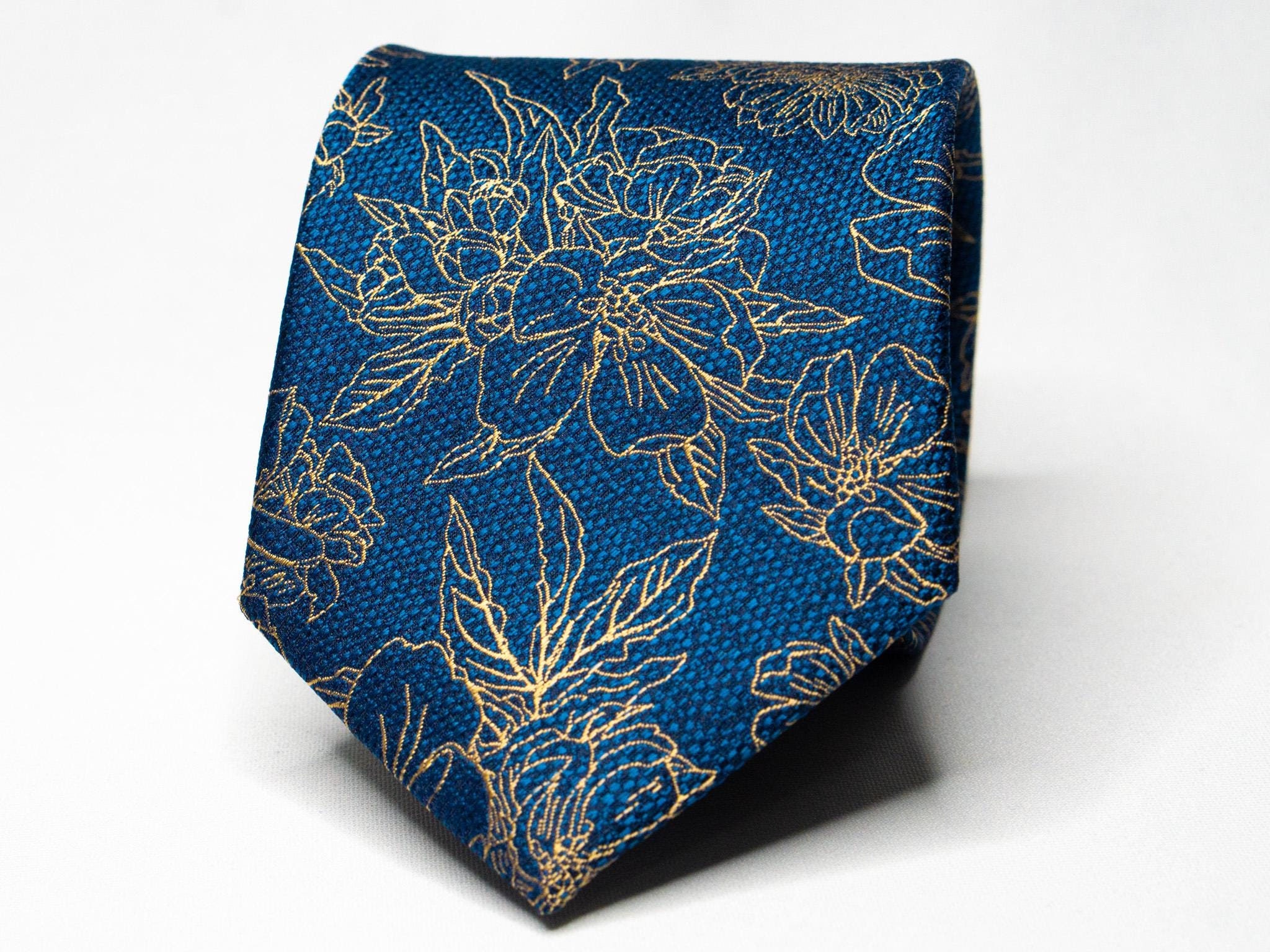 Blue Floral Tie Mens Teal Tie Gold Flower Tie Blue Wedding Tie Groomsmen Floral Tie Blue Flower Necktie Groom Wedding Tie Gifts For Him