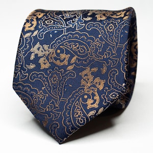 Navy Blue Tie Gold Paisley Necktie Men's Slim Necktie Suit Accessories Men's Office Tie for Wedding Classic Tie for Groom and Groomsmen