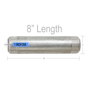 May include: A silver metal pipe fitting with a 1 inch diameter and 8 inch length. The pipe fitting has threaded ends.