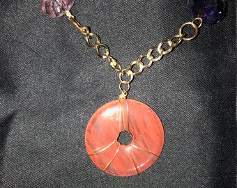 Necklace.Gold Chain.Accent Shades of Pink and Purple Beads.Length 30"