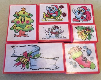 Christmas Stamps. Tree, Santas, Snowman, Bell, Stocking & Ribbon.