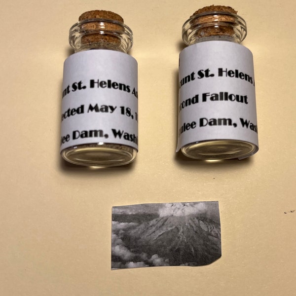 Mt. St. Helens Volcanic Ash from the May 18th., 1980 Eruption.  Two miniature glass vials: First Eruption and Second Fallout