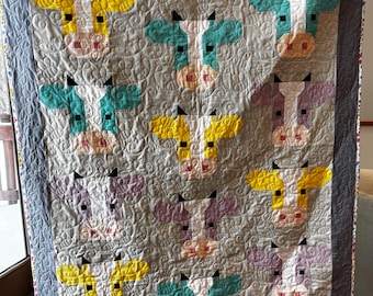 Annabel Cow Quilt – Pastel Farm Animal Quilt with Bumblebee & Floral Stitching, 46x58, Cotton Backing