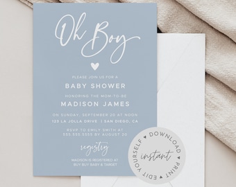 Oh Boy Baby Shower Invitation Template, Boy Baby Shower Blue, DIY Baby Shower Invitation, Minimalist Baby Shower, Editable Invitation #010MB