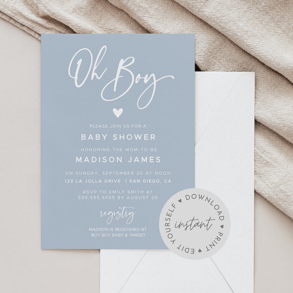 Oh Boy Baby Shower Invitation Template, Boy Baby Shower Blue, DIY Baby Shower Invitation, Minimalist Baby Shower, Editable Invitation #010MB