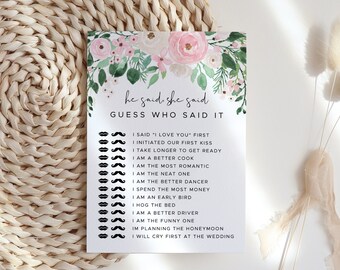 He Said She Said Game printable, Bride or Groom, Printable Wedding Games, Greenery Floral Bridal Shower, Editable Game #011BG