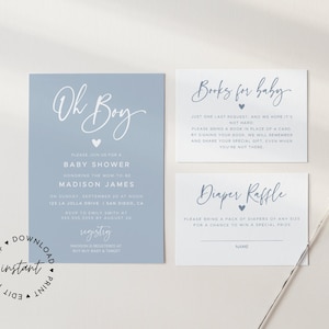 Oh Boy Baby Shower Invitation Suite Template, Boy Baby Shower Blue, DIY Baby Shower Invitation, Minimalist Baby Shower, Editable Invitation