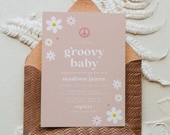 DAISY | Retro Baby Shower Invitation Template, Daisy Baby Shower Invitation, 70's Baby Shower Invite, Groovy Baby Invitation Peace