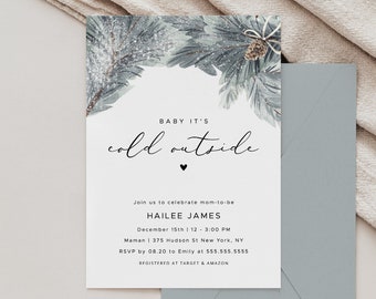 EVERLY | Baby It's Cold Outside Pine Baby Shower Invitation Template, Winter, Christmas Baby Shower, Woodland Shower