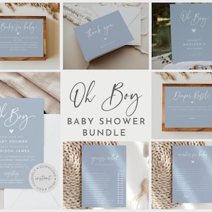 Oh Boy Baby Shower Invitation Bundle, Boy Baby Shower Invites Blue, Printable Editable Invitation, Elegant Baby Shower #010MB