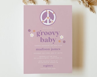 DAISY | Retro Baby Shower Invitation Template, Daisy Baby Shower Invitation, 70's Baby Shower Invite, Groovy Baby Invitation Peace