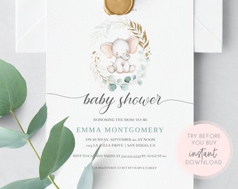 Elephant Baby Shower, Editable Baby Shower Invite, Gender Neutral Baby Shower, Instant Download, Invitation Template, Baby Invitation Set